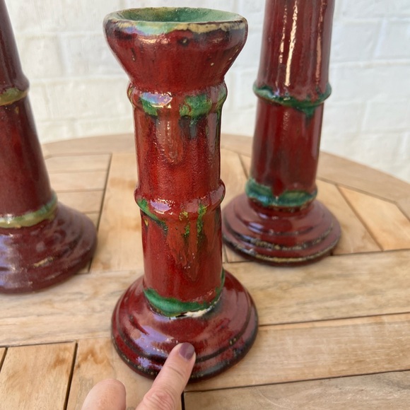 Set of 3 - Vintage - Red Glazed Bamboo Candle Stick Holders - Picture 8 of 11